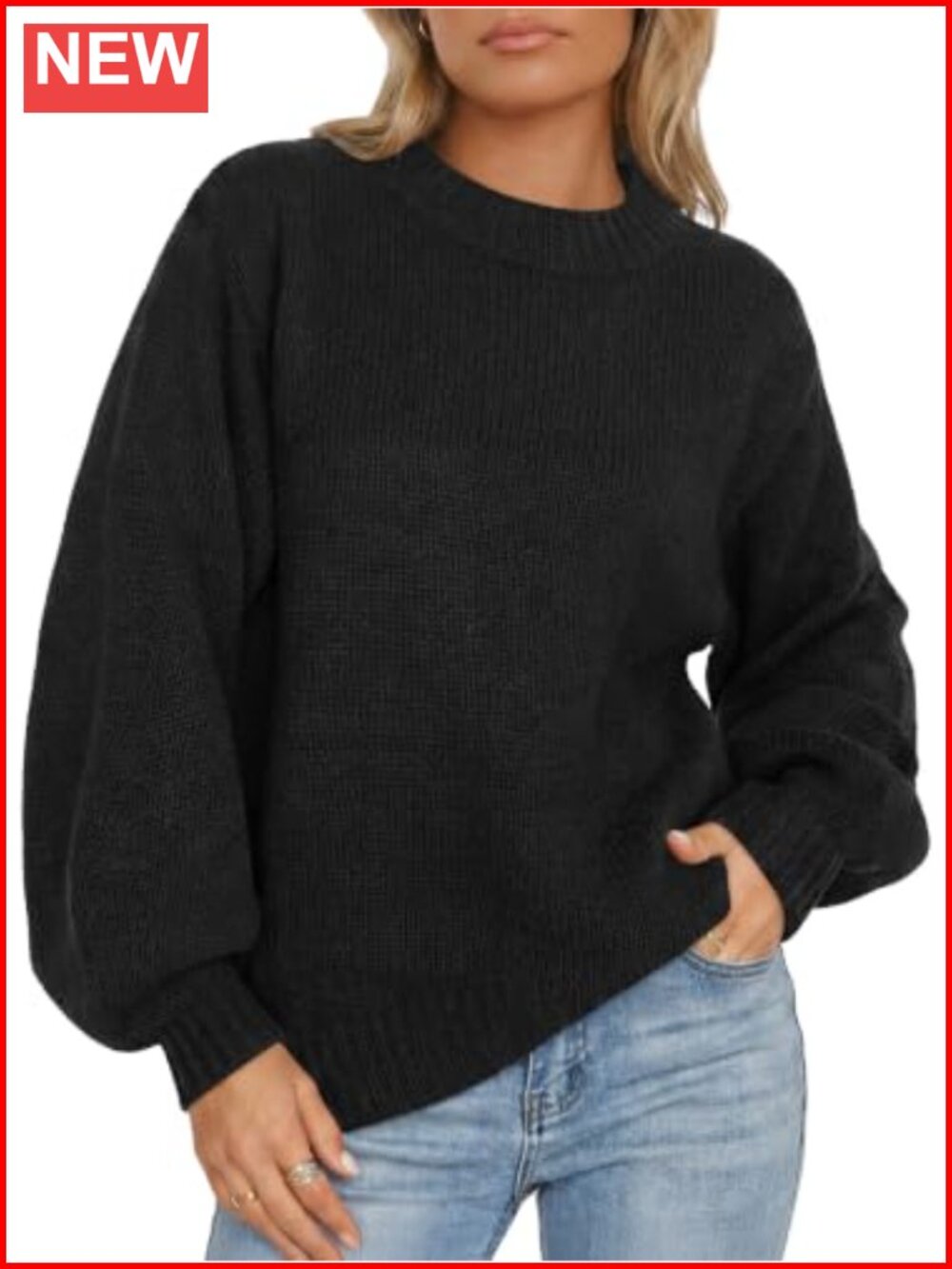 Oversized Long Lantern Sleeve Pullover Sweater Chunky Ribbed Knit Crew Neck